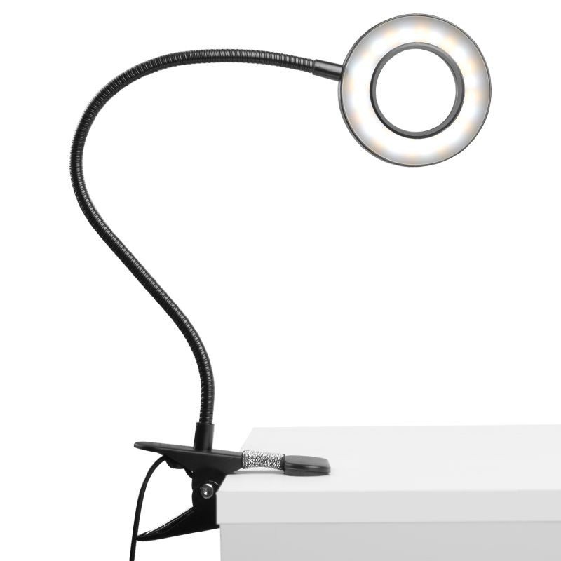 Zwarte Ring multicolor LED loeplamp met tafelklem