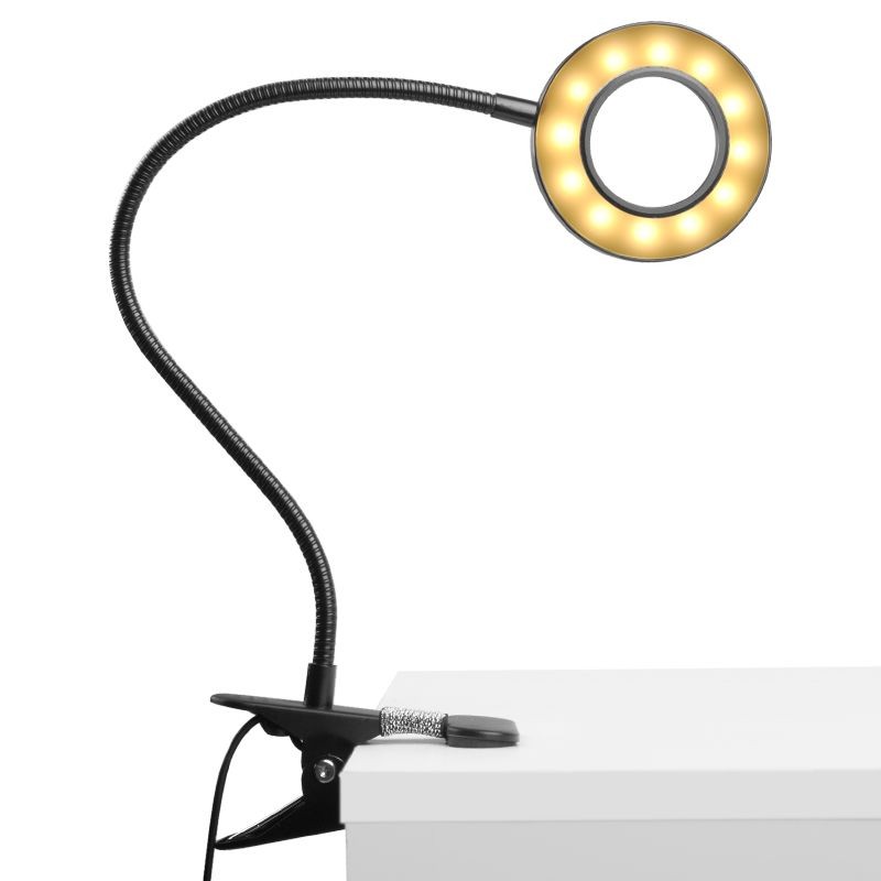 Zwarte Ring multicolor LED loeplamp met tafelklem