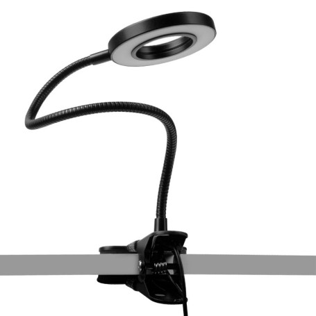 Zwarte Ring multicolor LED loeplamp met tafelklem